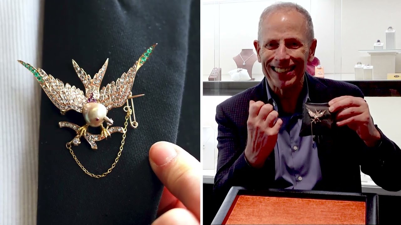 Natural Pearl, 0.28ct Emerald, 0.15ct Ruby, 2.05ct Diamond and 18ct Yellow Gold Bird Brooch - C9882