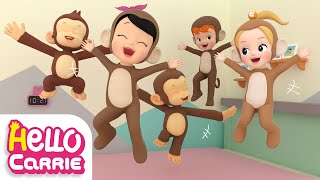 🐵Five Little Monkeys🐵 It&#39;s dangerous to jump on the bed | Number Song | Hello Carrie Kids Song
