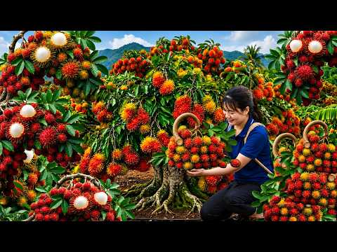 Harvesting Giant Tropical Rambutan with Soft Spines | Giant Rambutan Tree In The Countryside