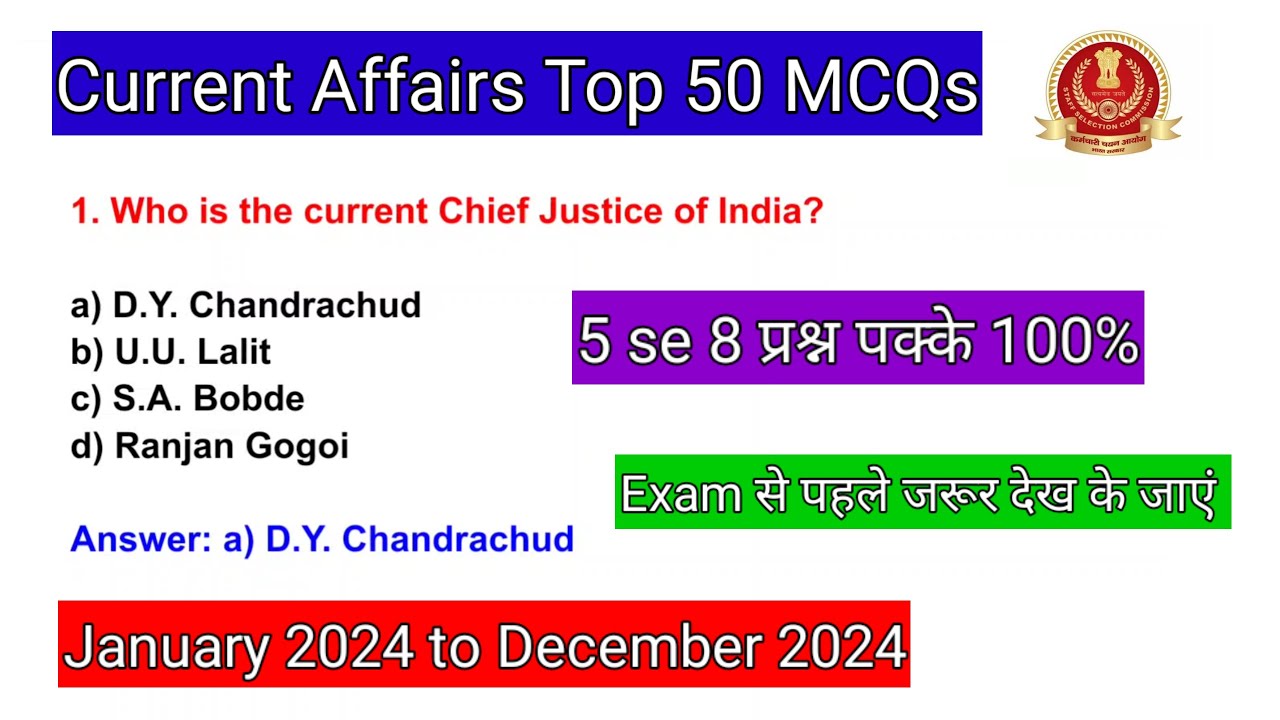 Top 50 Current Affairs 2024|January 2024 to December 2024|SSC GD Exam ...