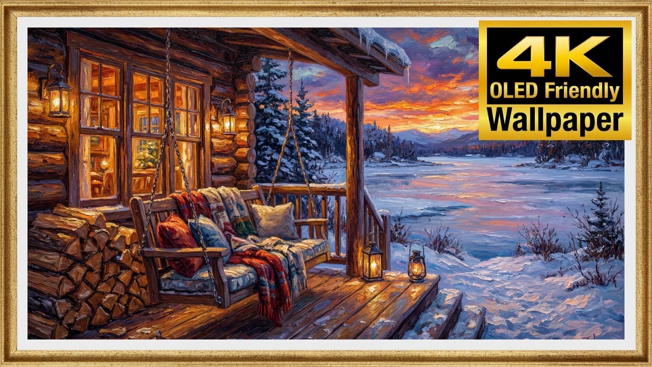 4K Art Screensaver - Cozy Cabin Lakeside Sunset - Enchanting Winter Canvas