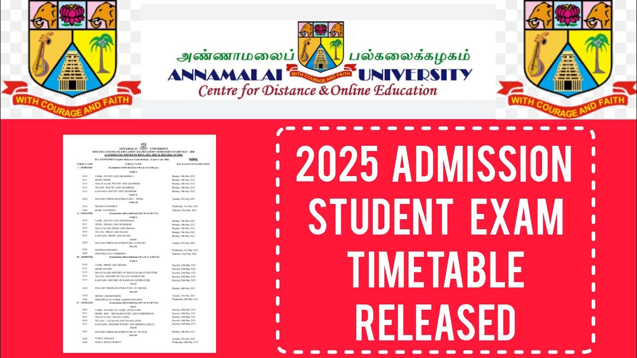 Annamalai University Distance Education 2025 Student Exam Timetable 