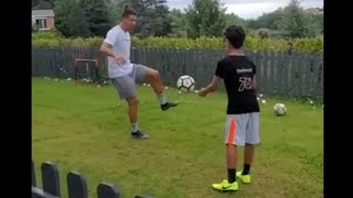 Cristiano Ronaldo playing football with his son CR7Jr in the garten ️️