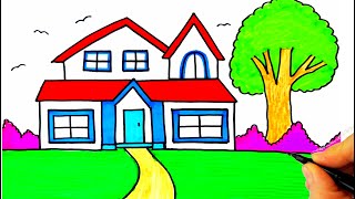 Kolay Ev Ve Ağaç Çizimi Kolay Manzara Resmi Çizimi Doğa Resmi Çizimi - House And Tree Drawing