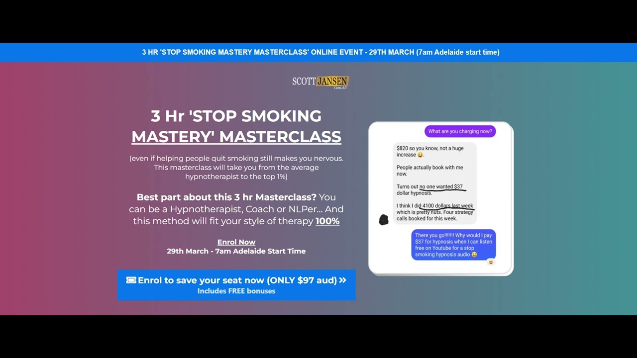 3 Hr Online Event Stop Smoking Masterclass For Hypnotherapists (Only $97)