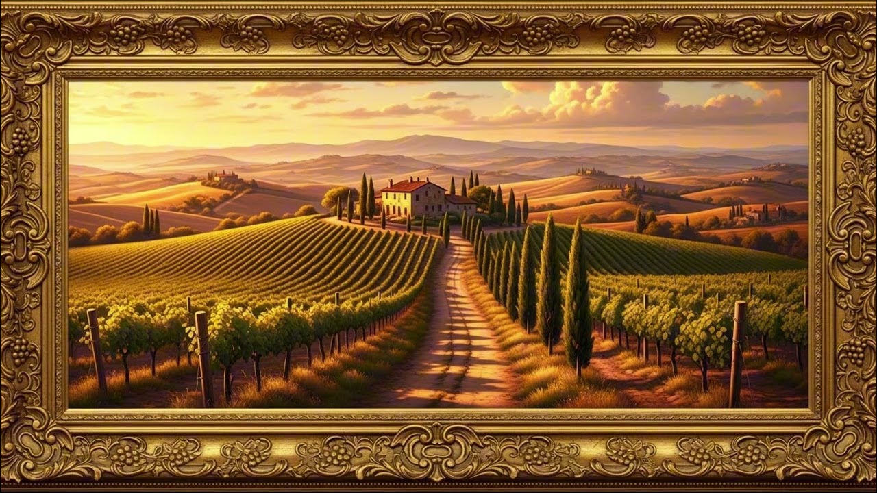 4K Art for TV : Tuscan Vineyard Sunset Painting + Relaxing Guitar Music