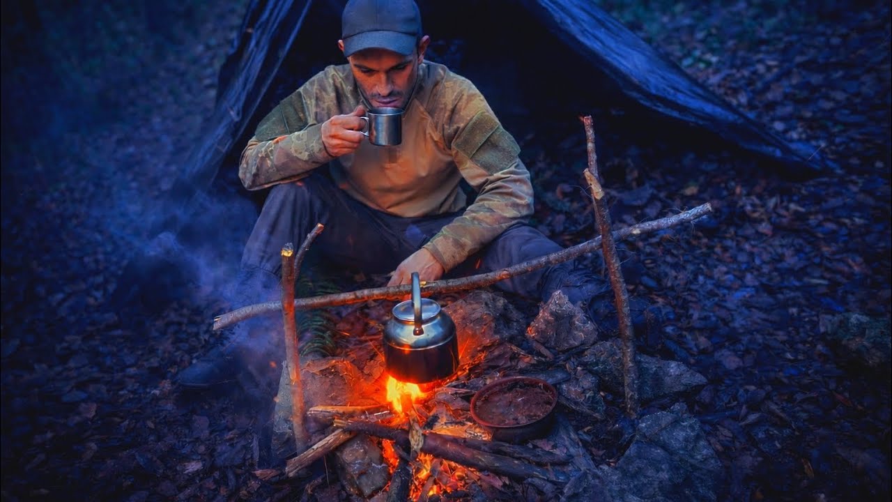 Peaceful Winter Forest Camping – Campfire, Tent & Hot Tea ❄️🔥