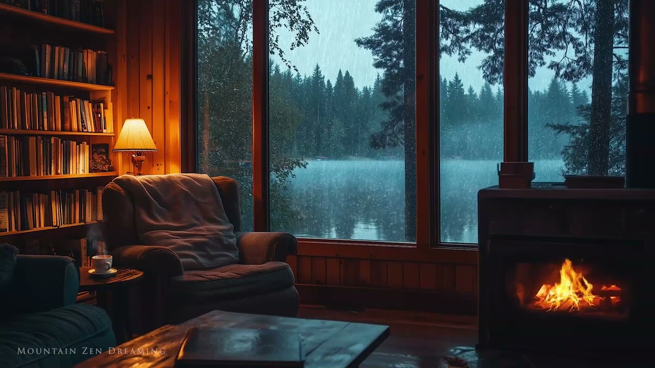 Relax in a Warm Cabin by the Lake as Rain Falls at Dawn  - Perfect for Mindfulness and Calm