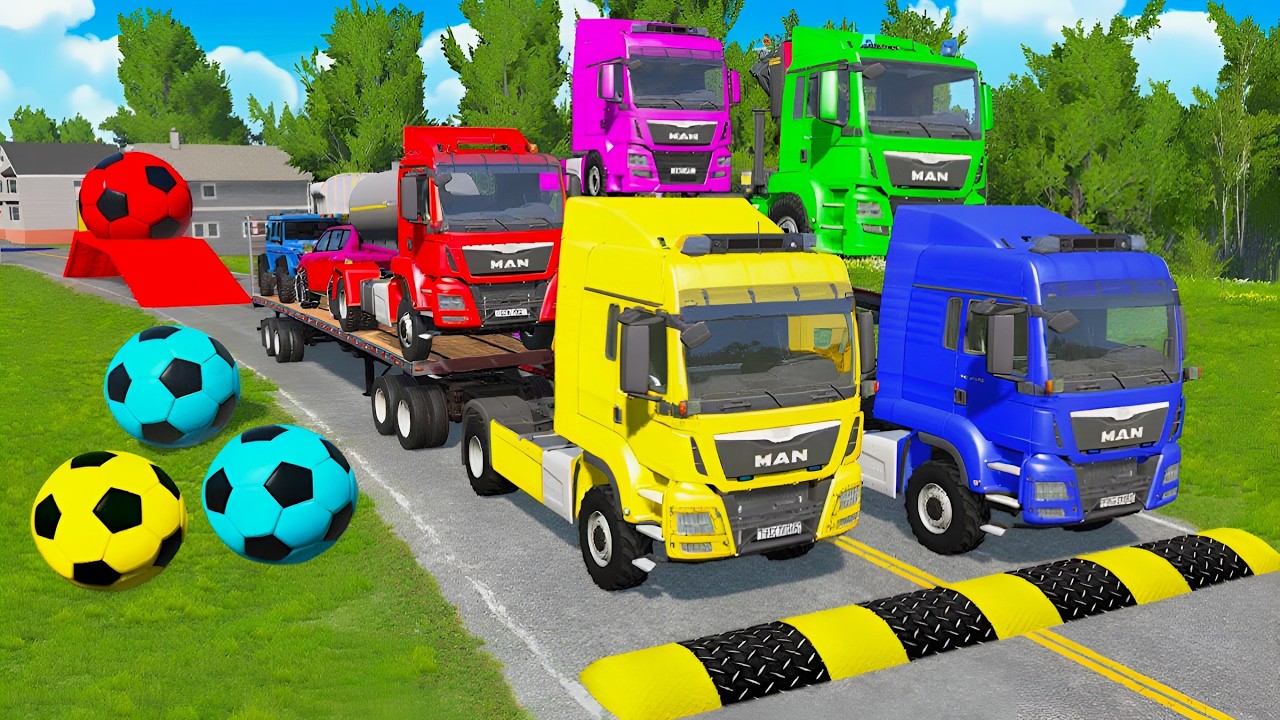 TRANSPORTING PIXAR CARS & FRUITS WITH COLORED & JOHN DEERE vs CLAAS vs TRACTORS - BeamNG.drive #962