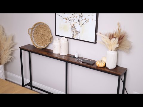 SUPERJARE Console Table with Charging Station, 63’’ Narrow Entryway Table  - Vintage Brown