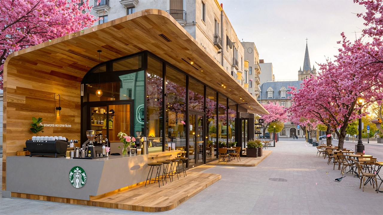 ひんやりとした朝の空気に春と桜が咲く街角のカフェ 🌸 ここでリラックスして休みながらスターバックスでジャズのメロディーを楽しむ - 集中力と執筆のための春のBGM