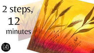 Watercolor sunset, silhouettes and autumn grasses. Paint the golden hour in 2 steps and 12 minutes.