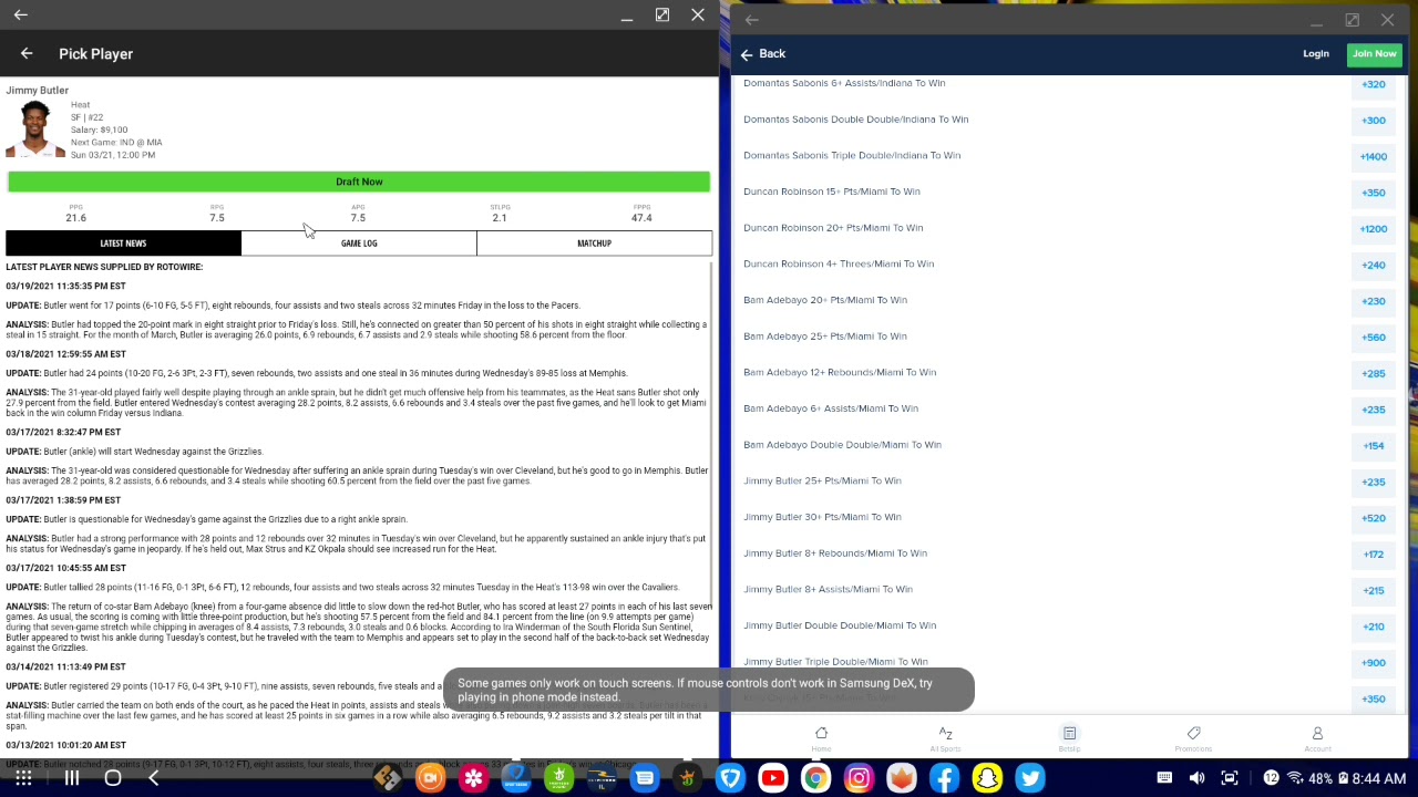 Fanduel Sportsbook Player Performance Doubles 3/21/21