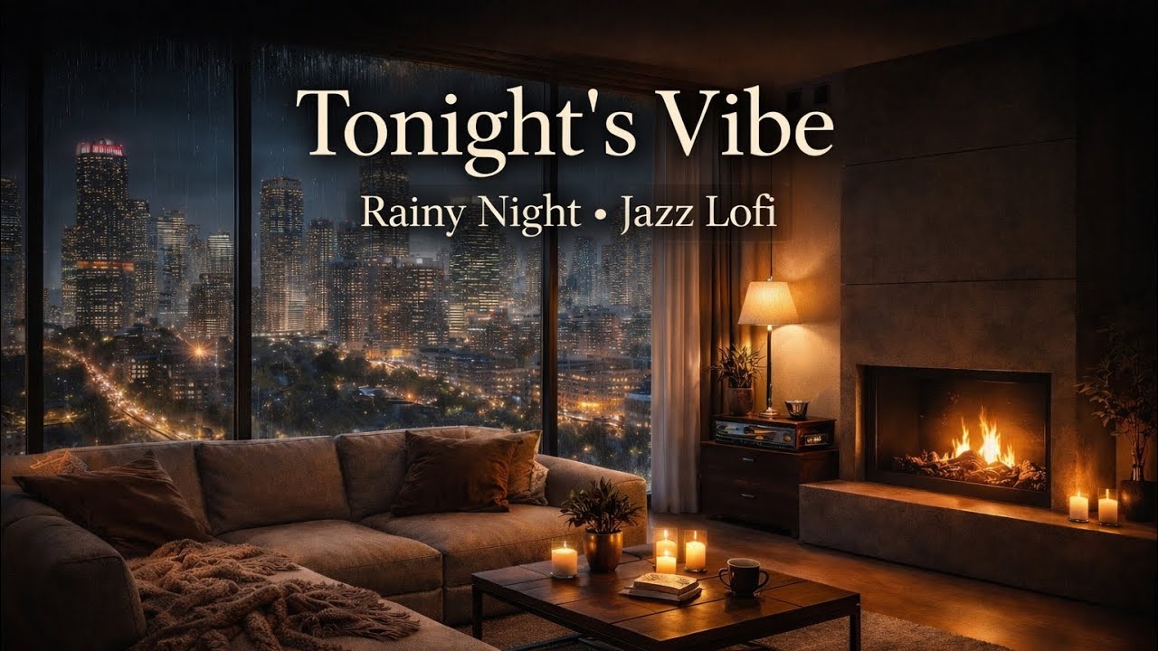 Stay a While..🌙 Smooth Jazz Lofi | Subtle Rain + Soft Fireplace | 1 Hour 
