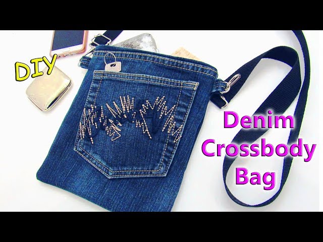 DIY Bag Purse From Old Jeans - Recycling No Sew Denim Crossbody Bag - Old Jeans Crafts Tutorial class=