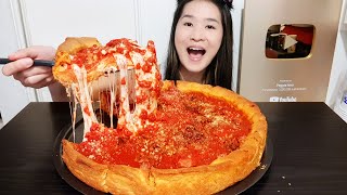 VERY CHEESY CHICAGO DEEP DISH PIZZA! Chicago-Style Stuffed Pizza w/ Bacon, Meatballs - Mukbang Asmr