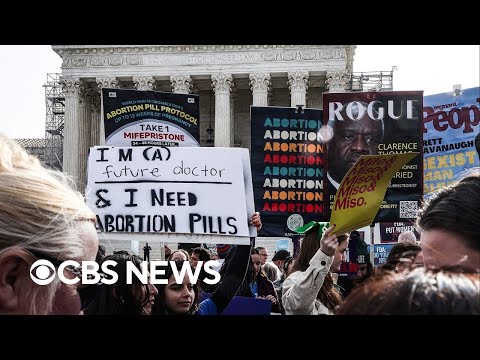 Hundreds of demonstrators at Supreme Court as justices hear abortion pill case.