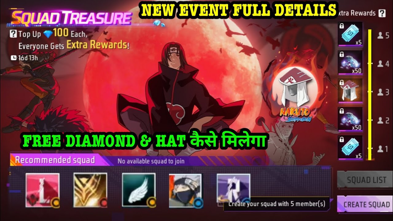 Squad Treasure Event Kya Hai | Free Diamond & Hat Kaise Milega | FF New Event Squad Treasure Topup