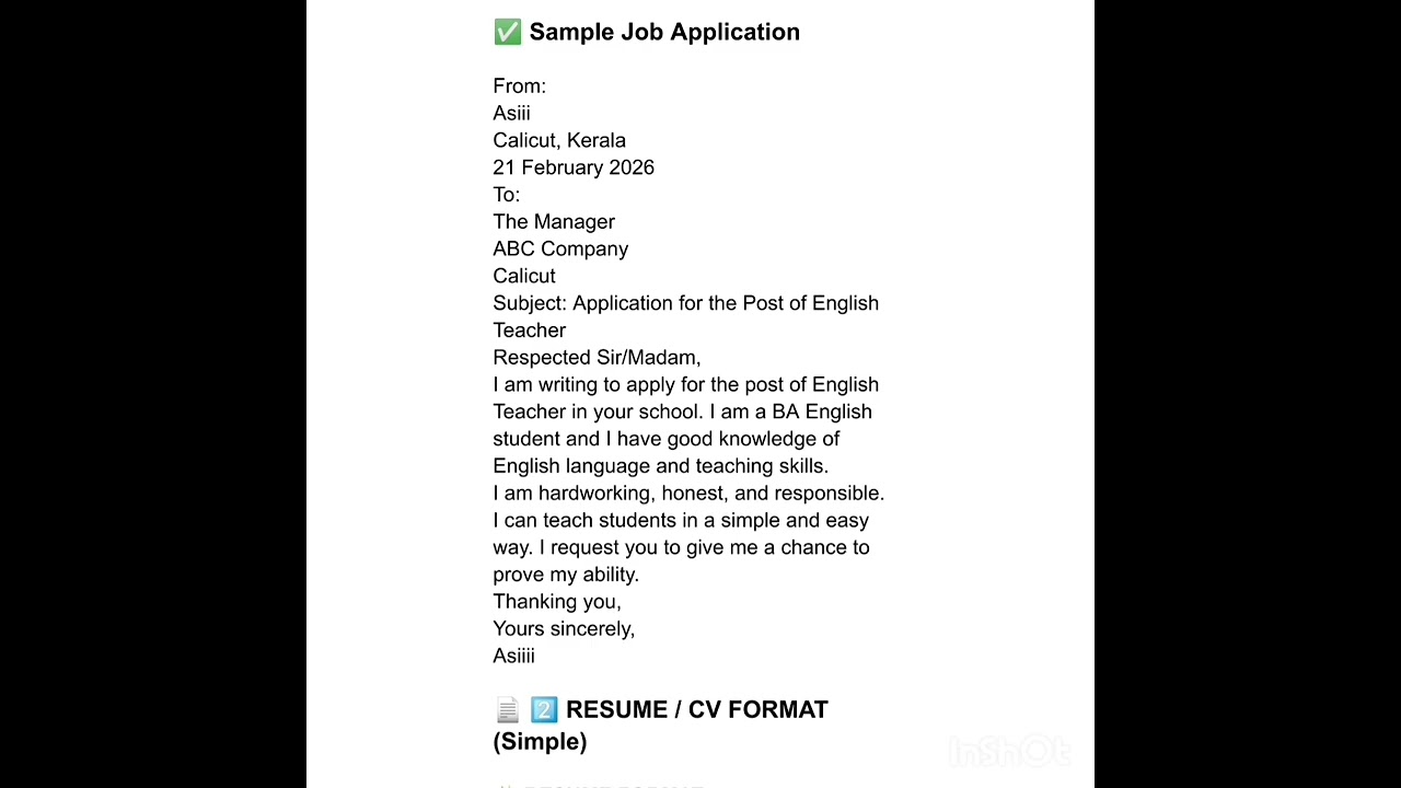 Job Application and Resume Format in English | Easy for Students 