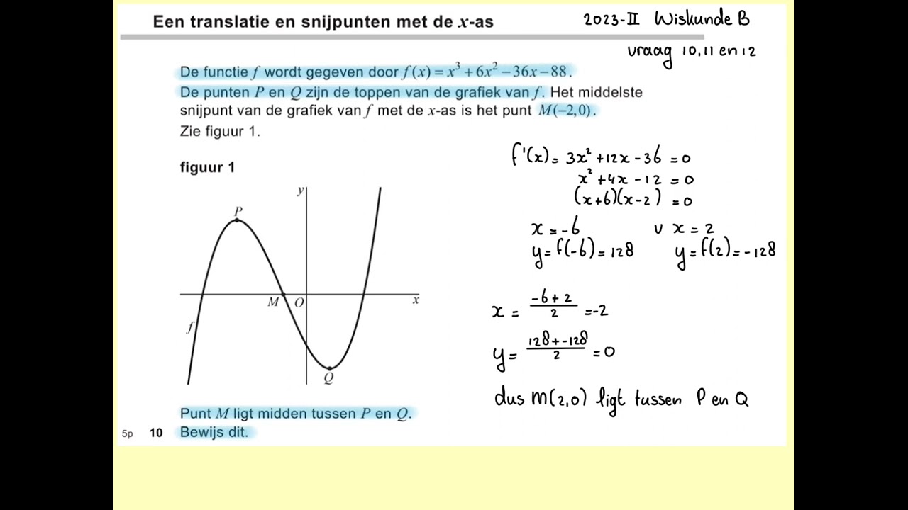 2023-II Een translatie en snijpunten met de x-as (vraag 10, 11 en 12) Havo wiskunde B