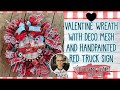 ❤ Valentine Wreath with Deco Mesh and Handpainted Red Truck Sign