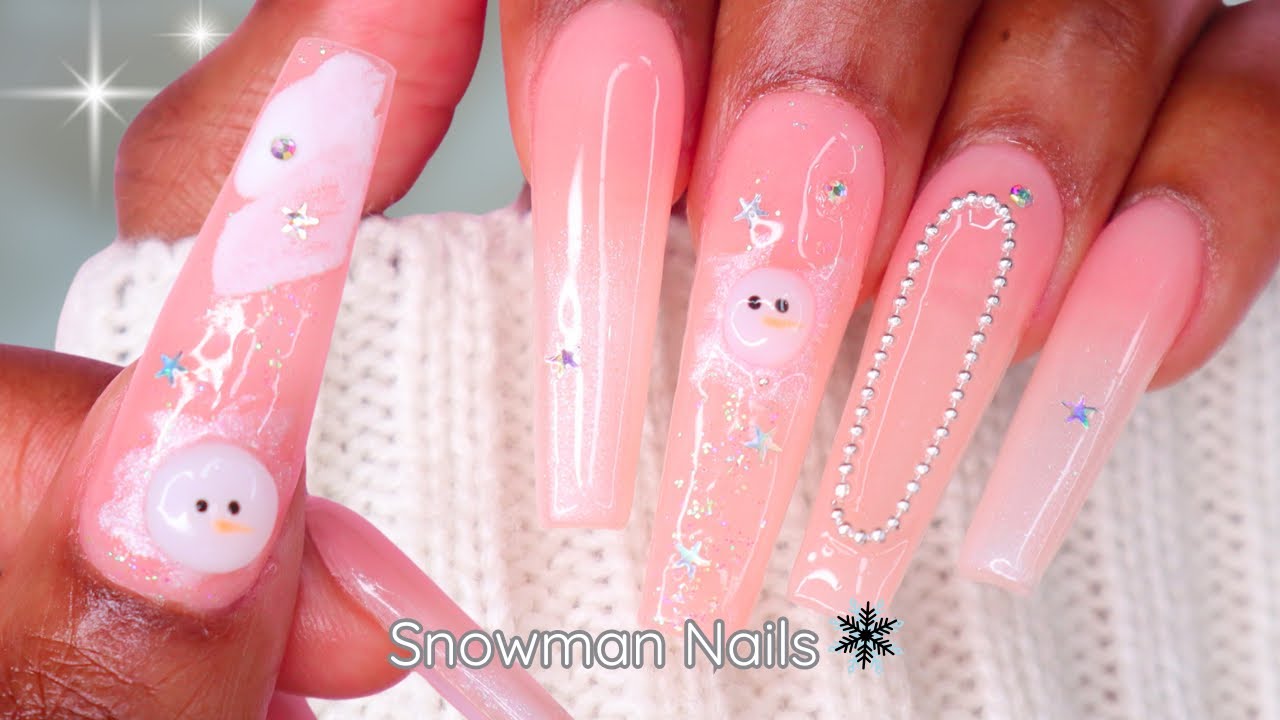 Нежный корейский зимний маникюр в стиле снеговика ❄️ | Уютные нюдовые ногти с эффектом сине-желто...