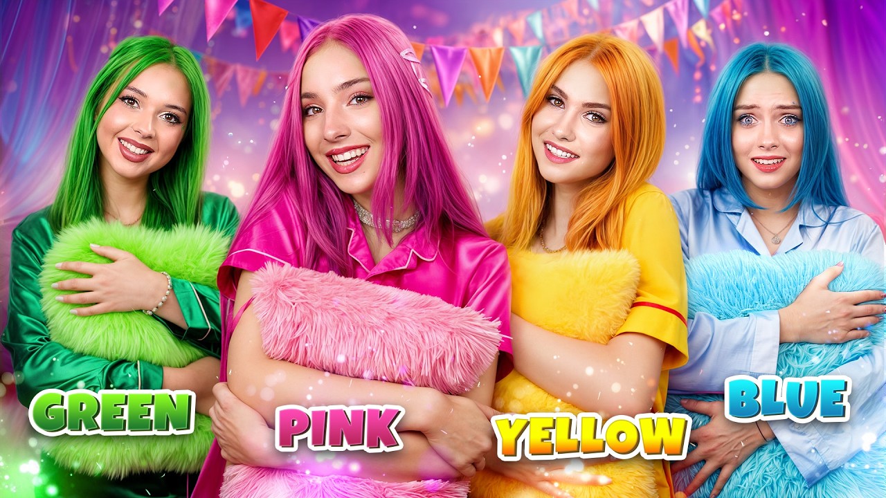 ¡Chica Rosa vs Azul vs Amarilla vs Verde! Pijamada con Desafío de Un Color