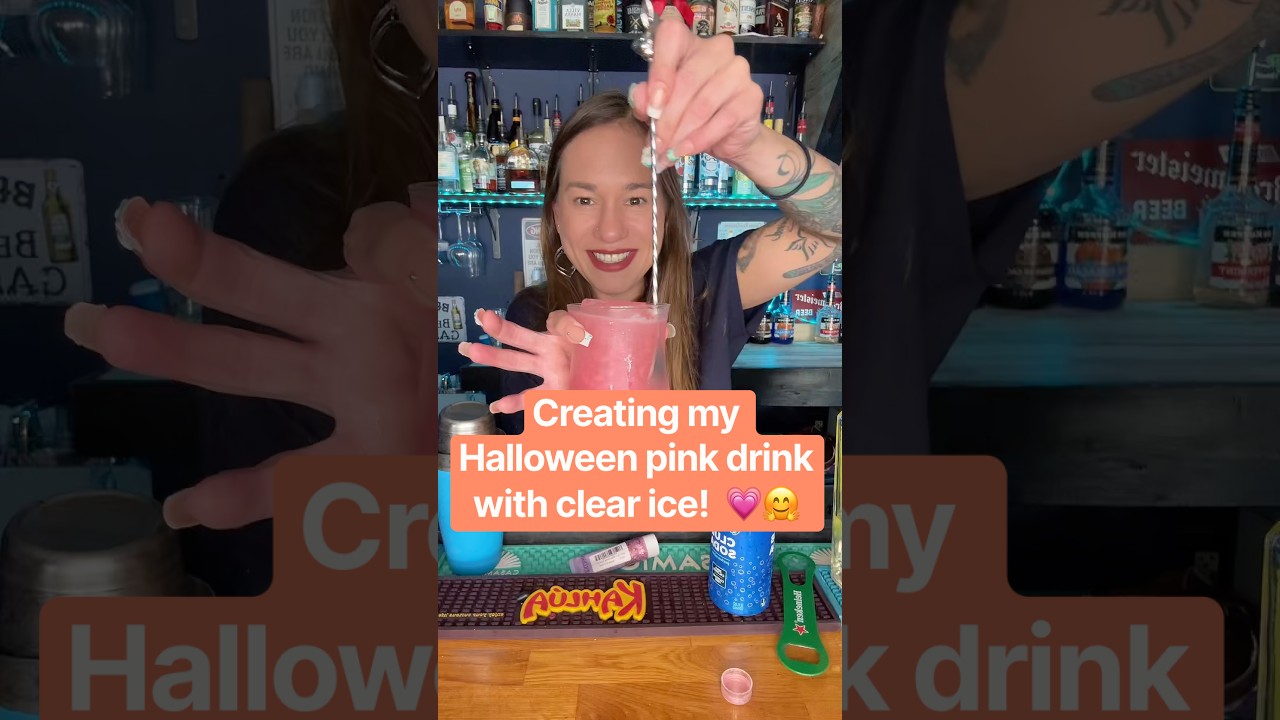 Create a baby pink Halloween cocktail to go with my costume w/ me! #clearice #cuttingice #bartender