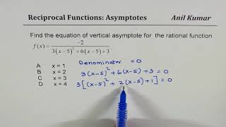 How to find equation of vertical asymptote for Reciprocal Function