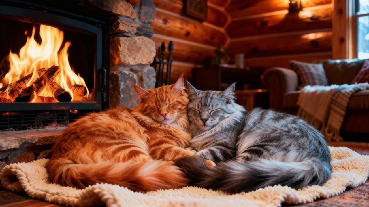 Deep Sleep Sounds ❄️ Snowy Winter Night, Fireplace Crackling & Cat Purring