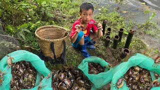 crab trap technique, A boy khai makes a crab trap using bamboo tubes to sell, Primitive crab trap
