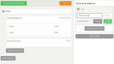 Create dish choices and add ons to customize menu items in restaurant menu