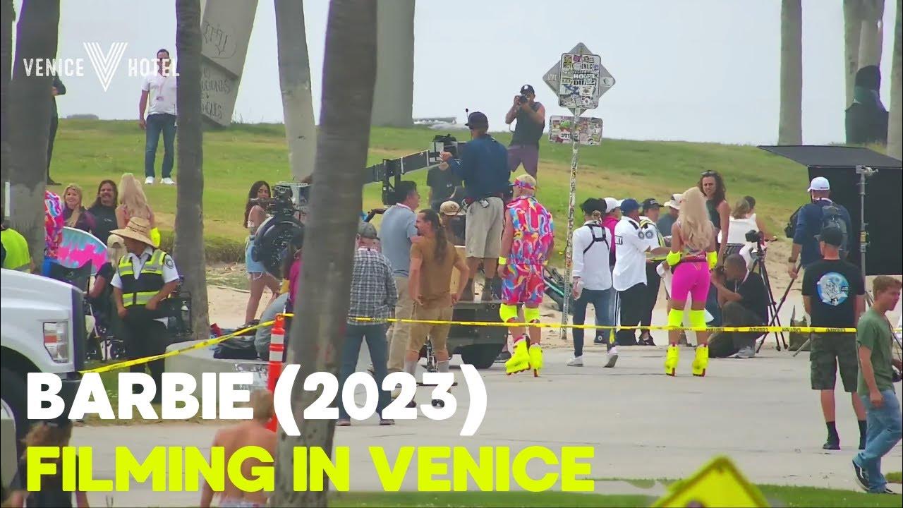 Barbie (2023) with Margot Robbie and Ryan Gosling being filmed on