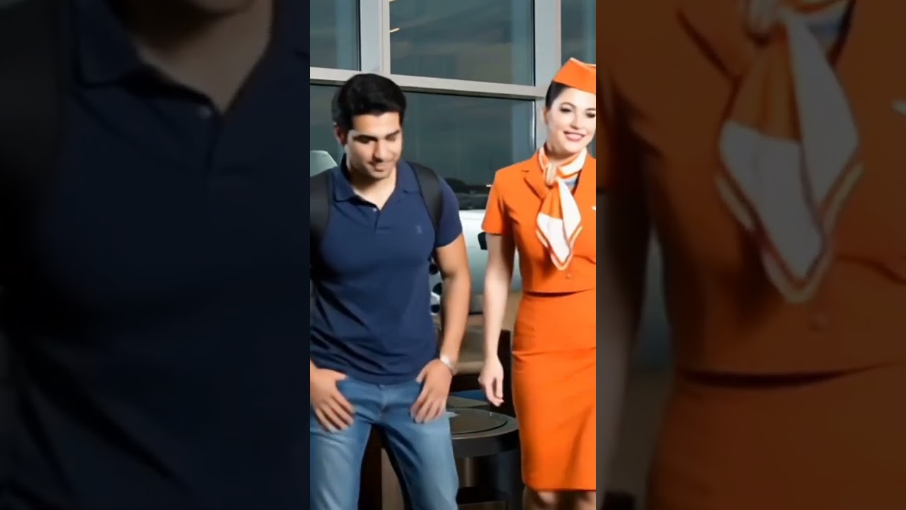 Tall & Confident Air Hostess Towers Over Passenger in Luxury Airport Lounge 