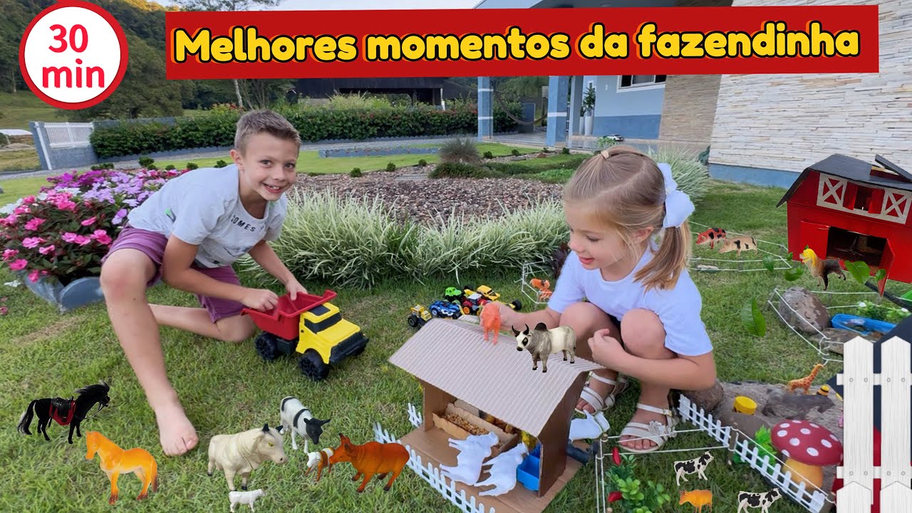 FAZENDINHA de BRINQUEDO do MATHEUS e ISABELA- MELHORES MOMENTOS da FAZENDINHA - BOIS - CAVALOS-VACAS