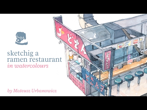 Sketching a ramen restaurant with watercolours.