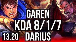 GAREN vs DARIUS (TOP) | 8/1/7, 1.1M mastery, 400+ games, Godlike | EUW Master | 13.20