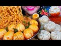 ASMR CURRY FIRE NOODLES SOUP, SOFT BOILED EGGS, CHICKEN MOMO MASSIVE Eating Sounds