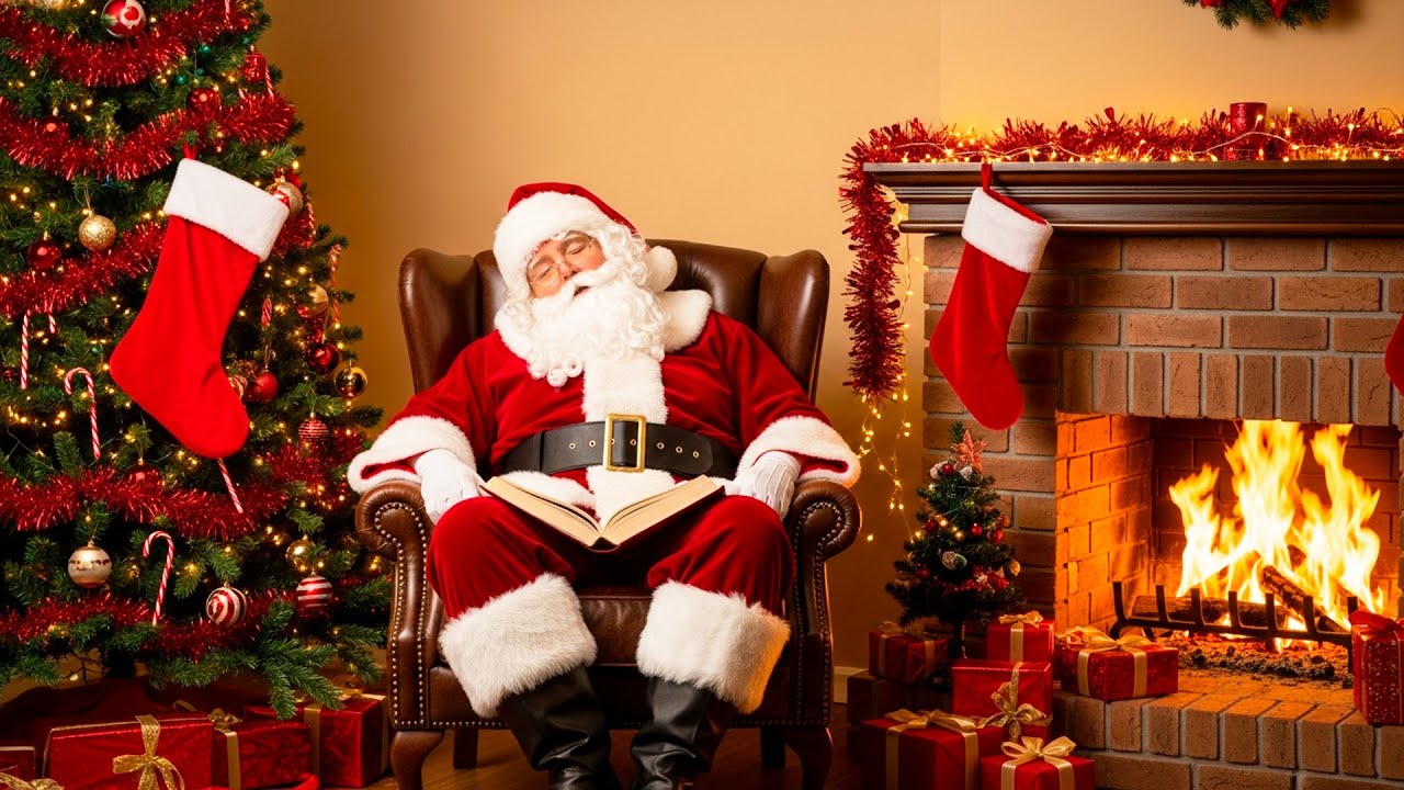 Santa Claus Sitting and Relaxing at the Crackling Christmas Fireplace Scene in His Holiday Cabin