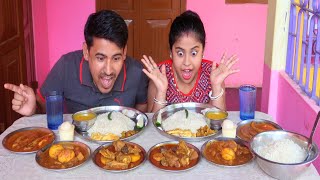 Chicken Curry+Fish Curry+Egg Masala Curry+Doi+Rasgulla+Rice Eating Show In Hindi || Non Veg Thali