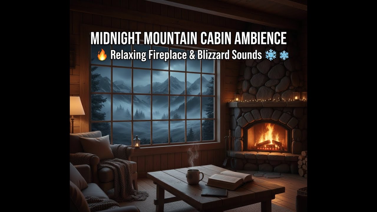 Midnight Mountain Cabin Ambience  Relaxing Fireplace & Blizzard Sounds