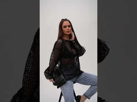 Жіночий стильний напівпрозорий лонгслів з макраме (Розмір S, M, L, XL), Чорний, видео 1