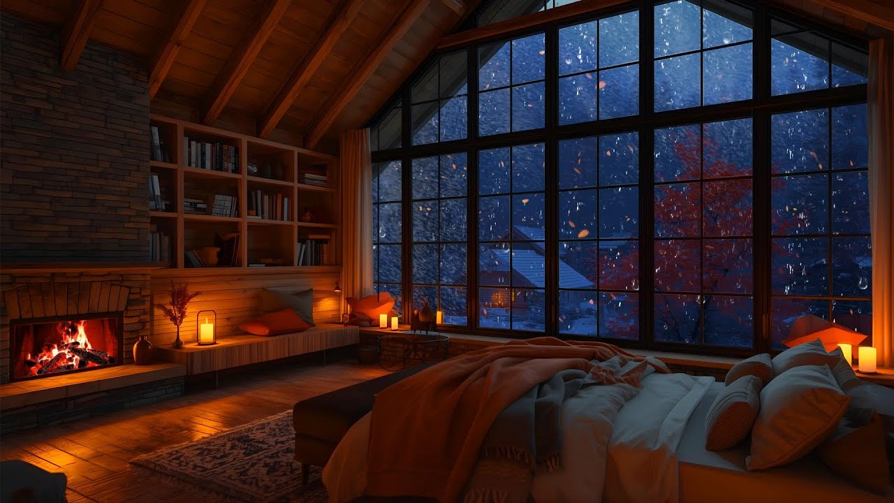 Heavy Thunderstorm Outside a Cozy Fall Cabin 🌩️ Crackling Fireplace & Rain for Sleep