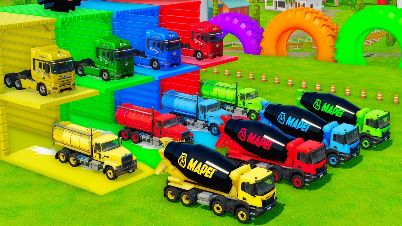 Garage with Colors - ALL MIXER TRUCK WITH DOUBLE FLATBED TRAILER TRUCK, TESLA, MAN, CATERPILLAR FS22