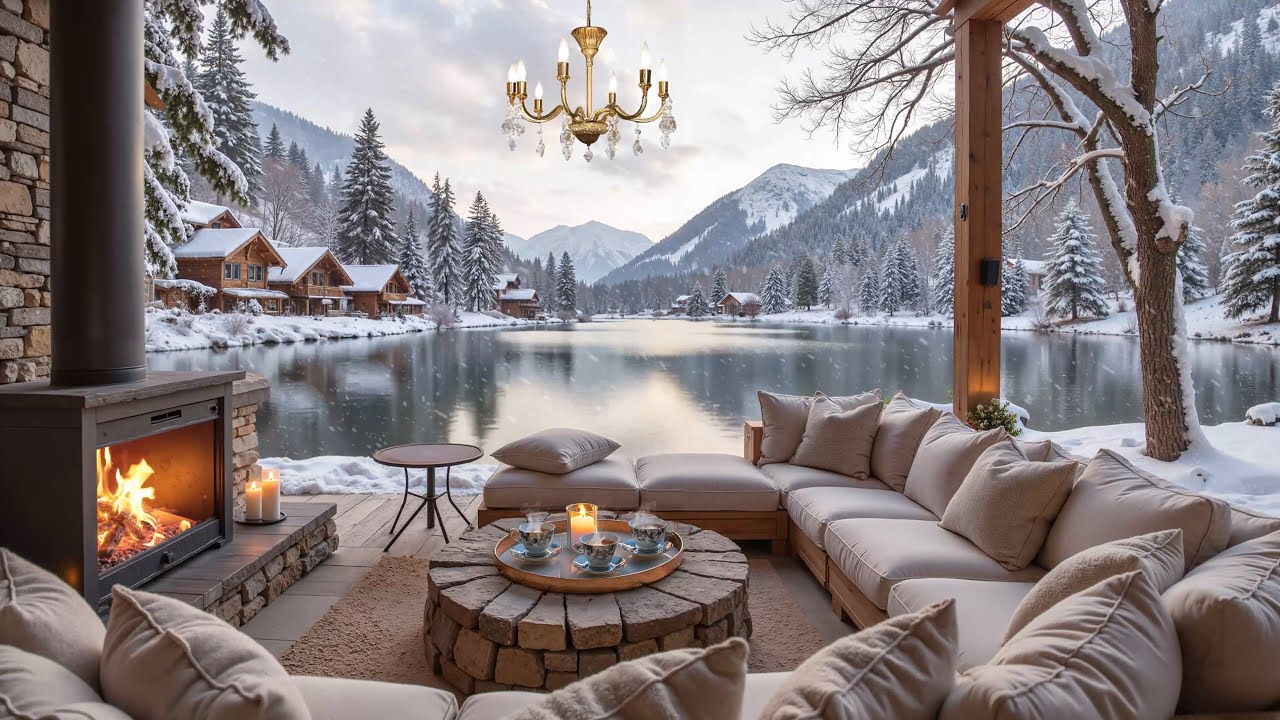Relaxing Winter Ambience at Cozy Fireside Porch 🔥 Soothing Piano Music ...