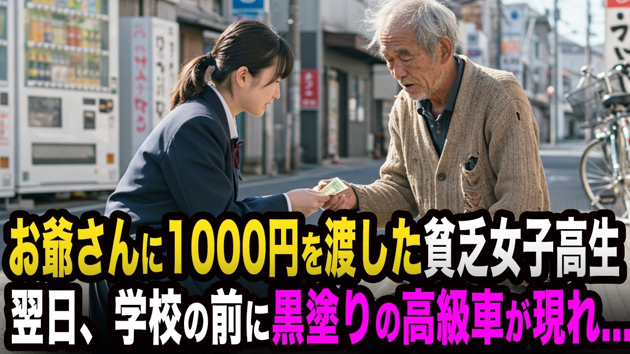 お金を盗まれたお爺さんに全財産1000円を渡した貧乏な女子学生。次の日、学校の前に黒塗りの高級車が現れて...