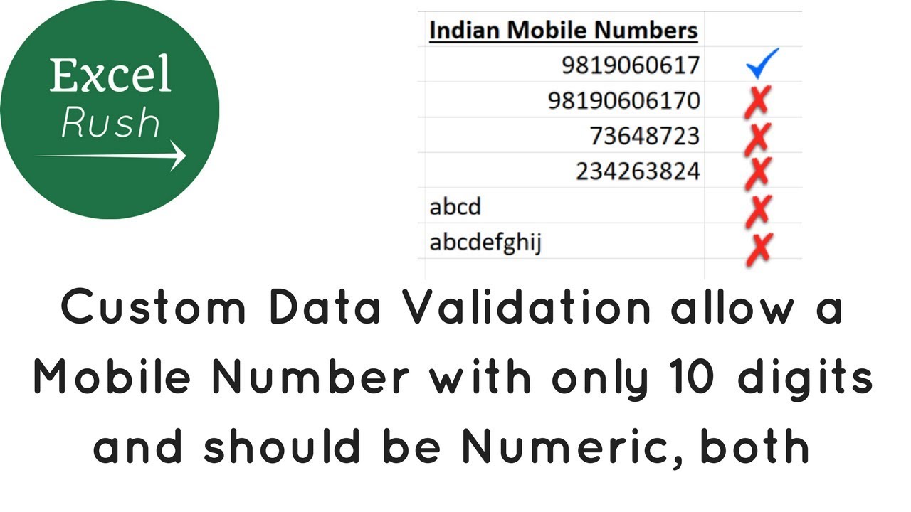 Allow Only 10 Digit Numeric Mobile Number In Excel Using Data