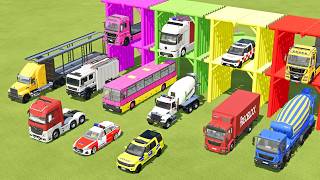 TRANSPORTING MERCEDES MINI BUS, VOLKSWAGEN POLICE, FORD POLICE, MERCEDES FIRE TRUCK TO GARAGE | FS22