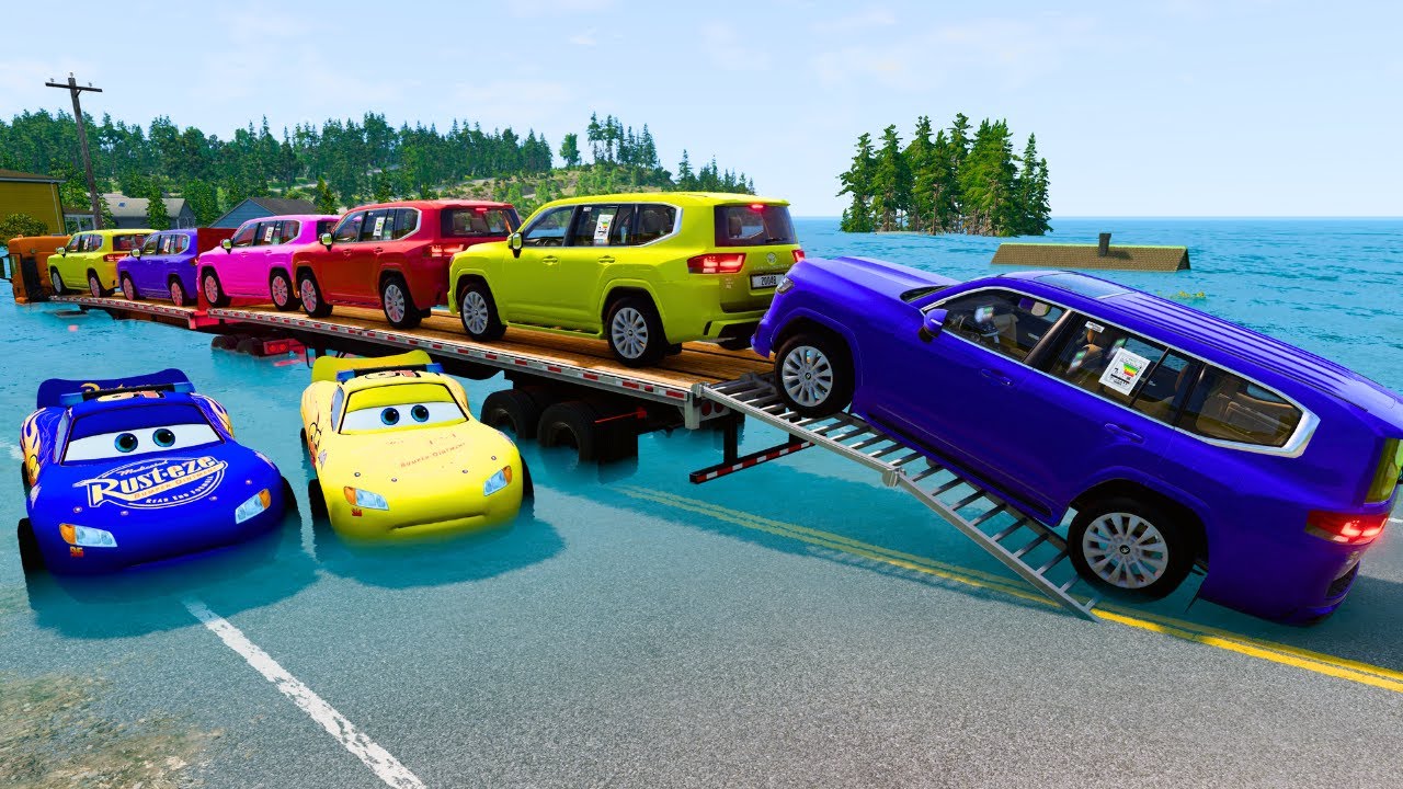 Triple Flatbed Trailer McQueen Transportation with Truck - Speedbumps vs Cars vs Train - BeamNG #12