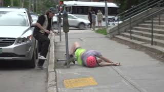 Guy on pogo stick attempts to grind handrail from top of stairs then falls and faceplants (3/3)